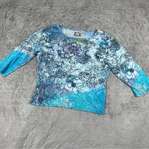 American Vintage Tops - Take Two Y2K Graphic Top Women’s Medium Blue Floral Beaded Whimsygoth Grunge